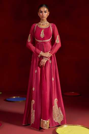 Shop Hirika & Dhruti Red Chanderi, Silk Round Neck Embroidered Anarkali And Jacket Set Online at Aza Fashions Shop_Hirika & Dhruti_Red Chanderi, Silk Round Neck Embroidered Anarkali And Jacket Set _Online_at_Aza_Fashions