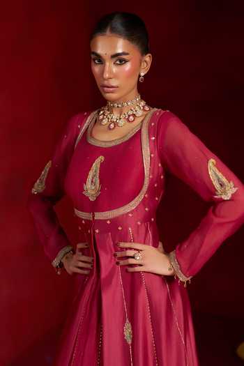 Hirika & Dhruti Red Chanderi, Silk Round Neck Embroidered Anarkali And Jacket Set at Aza Fashions Hirika & Dhruti_Red Chanderi, Silk Round Neck Embroidered Anarkali And Jacket Set _at_Aza_Fashions