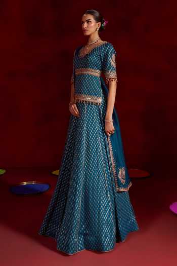 Hirika & Dhruti Blue Georgette, Silk, Organza V-neck Mirror Work Blouse Lehenga Set Online at Aza Fashions Hirika & Dhruti_Blue Georgette, Silk, Organza V-neck Mirror Work Blouse Lehenga Set _Online_at_Aza_Fashions