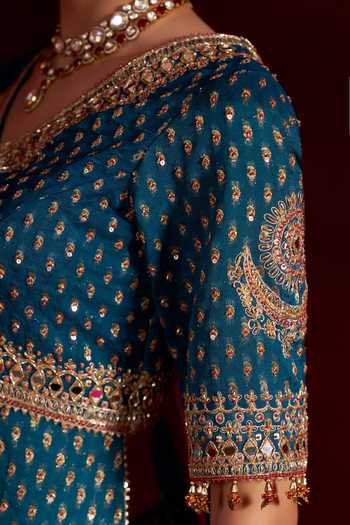 Buy Hirika & Dhruti Blue Georgette, Silk, Organza V-neck Mirror Work Blouse Lehenga Set Online at Aza Fashions Buy_Hirika & Dhruti_Blue Georgette, Silk, Organza V-neck Mirror Work Blouse Lehenga Set _Online_at_Aza_Fashions