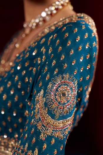 Shop Hirika & Dhruti Blue Georgette, Silk, Organza V-neck Mirror Work Blouse Lehenga Set Online at Aza Fashions Shop_Hirika & Dhruti_Blue Georgette, Silk, Organza V-neck Mirror Work Blouse Lehenga Set _Online_at_Aza_Fashions