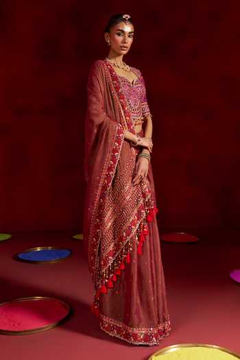 Hirika & Dhruti Red Tissue, Silk, Chanderi Sweetheart Neck Hand Embroidered Saree With Blouse Online at Aza Fashions Hirika & Dhruti_Red Tissue, Silk, Chanderi Sweetheart Neck Hand Embroidered Saree With Blouse _Online_at_Aza_Fashions
