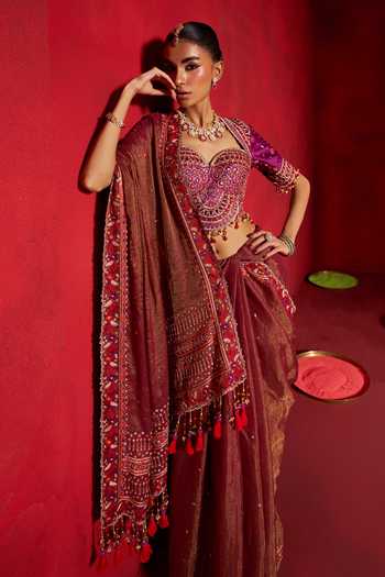 Shop Hirika & Dhruti Red Tissue, Silk, Chanderi Sweetheart Neck Hand Embroidered Saree With Blouse Online at Aza Fashions Shop_Hirika & Dhruti_Red Tissue, Silk, Chanderi Sweetheart Neck Hand Embroidered Saree With Blouse _Online_at_Aza_Fashions