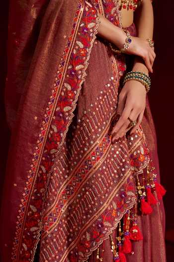Hirika & Dhruti Red Tissue, Silk, Chanderi Sweetheart Neck Hand Embroidered Saree With Blouse at Aza Fashions Hirika & Dhruti_Red Tissue, Silk, Chanderi Sweetheart Neck Hand Embroidered Saree With Blouse _at_Aza_Fashions