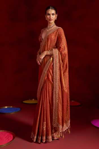 Hirika & Dhruti Orange Tissue, Silk, Chanderi V-neck Hand Embroidered Saree With Blouse Online at Aza Fashions Hirika & Dhruti_Orange Tissue, Silk, Chanderi V-neck Hand Embroidered Saree With Blouse _Online_at_Aza_Fashions