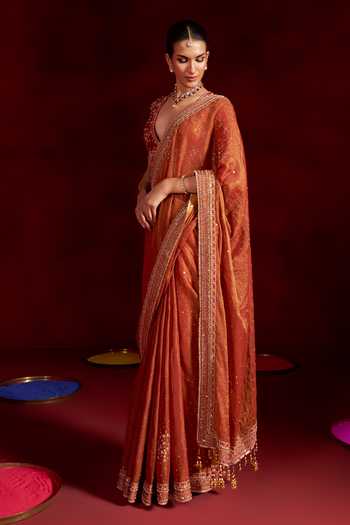 Buy Hirika & Dhruti Orange Tissue, Silk, Chanderi V-neck Hand Embroidered Saree With Blouse Online at Aza Fashions Buy_Hirika & Dhruti_Orange Tissue, Silk, Chanderi V-neck Hand Embroidered Saree With Blouse _Online_at_Aza_Fashions