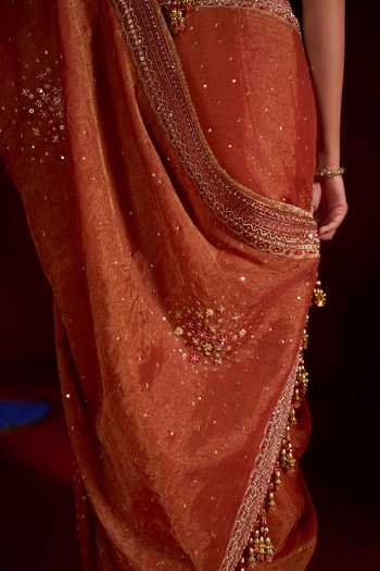 Shop Hirika & Dhruti Orange Tissue, Silk, Chanderi V-neck Hand Embroidered Saree With Blouse Online at Aza Fashions Shop_Hirika & Dhruti_Orange Tissue, Silk, Chanderi V-neck Hand Embroidered Saree With Blouse _Online_at_Aza_Fashions