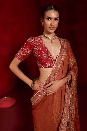 Hirika & Dhruti Orange Tissue, Silk, Chanderi V-neck Hand Embroidered Saree With Blouse at Aza Fashions Hirika & Dhruti_Orange Tissue, Silk, Chanderi V-neck Hand Embroidered Saree With Blouse _at_Aza_Fashions