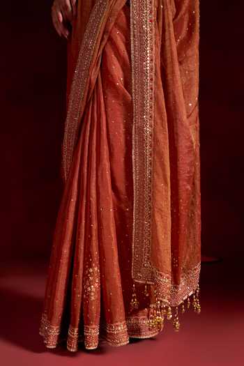 Buy Hirika & Dhruti Orange Tissue, Silk, Chanderi V-neck Hand Embroidered Saree With Blouse Buy_Hirika & Dhruti_Orange Tissue, Silk, Chanderi V-neck Hand Embroidered Saree With Blouse