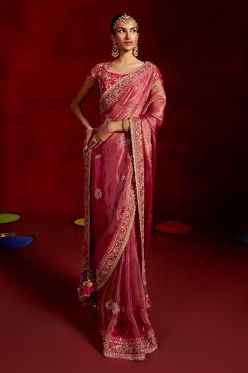 Hirika & Dhruti Pink Organza, Tissue, Silk, Chanderi Round Hand Embroidered Saree With Blouse Online at Aza Fashions Hirika & Dhruti_Pink Organza, Tissue, Silk, Chanderi Round Hand Embroidered Saree With Blouse _Online_at_Aza_Fashions