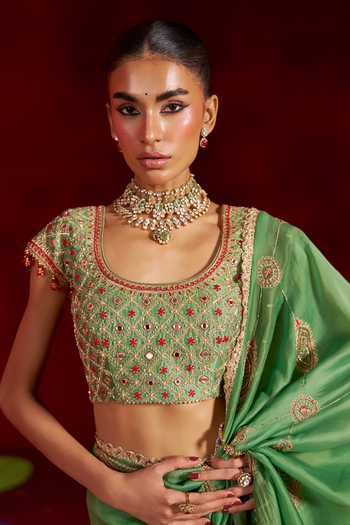Buy Hirika & Dhruti Green Silk, Organza, Chanderi Round Neck Hand Embroidered Saree With Blouse Online at Aza Fashions Buy_Hirika & Dhruti_Green Silk, Organza, Chanderi Round Neck Hand Embroidered Saree With Blouse _Online_at_Aza_Fashions