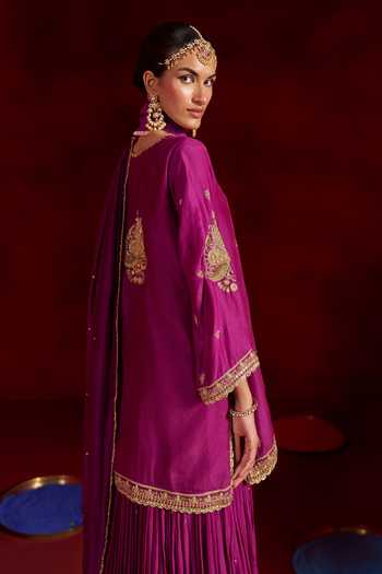 Hirika & Dhruti Purple Silk, Cotton, Organza Round Neck Hand Embroidered Kurta Sharara Set Online at Aza Fashions Hirika & Dhruti_Purple Silk, Cotton, Organza Round Neck Hand Embroidered Kurta Sharara Set _Online_at_Aza_Fashions