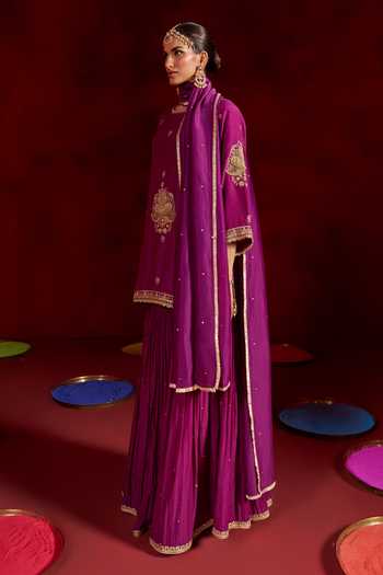 Buy Hirika & Dhruti Purple Silk, Cotton, Organza Round Neck Hand Embroidered Kurta Sharara Set Online at Aza Fashions Buy_Hirika & Dhruti_Purple Silk, Cotton, Organza Round Neck Hand Embroidered Kurta Sharara Set _Online_at_Aza_Fashions