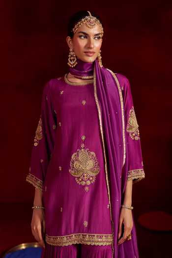 Shop Hirika & Dhruti Purple Silk, Cotton, Organza Round Neck Hand Embroidered Kurta Sharara Set Online at Aza Fashions Shop_Hirika & Dhruti_Purple Silk, Cotton, Organza Round Neck Hand Embroidered Kurta Sharara Set _Online_at_Aza_Fashions