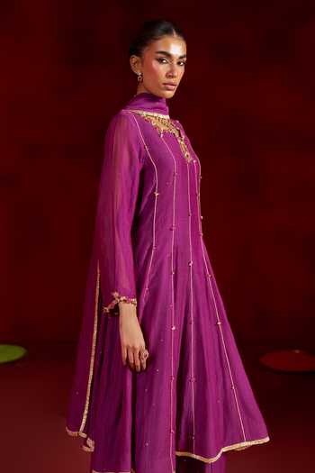 Hirika & Dhruti Purple Chanderi Notched Neck Embroidered Anarkali Set Online at Aza Fashions Hirika & Dhruti_Purple Chanderi Notched Neck Embroidered Anarkali Set _Online_at_Aza_Fashions