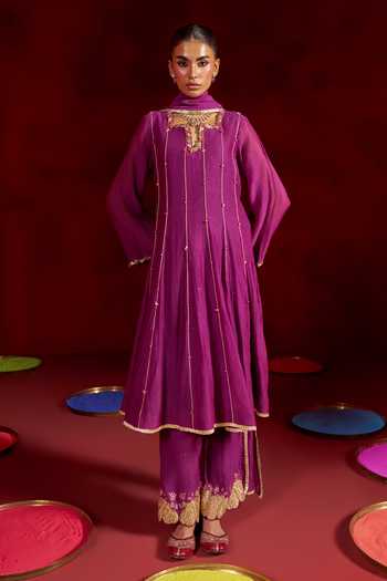 Shop Hirika & Dhruti Purple Chanderi Notched Neck Embroidered Anarkali Set Online at Aza Fashions Shop_Hirika & Dhruti_Purple Chanderi Notched Neck Embroidered Anarkali Set _Online_at_Aza_Fashions