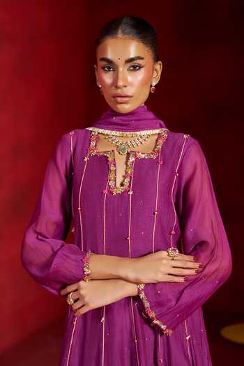 Hirika & Dhruti Purple Chanderi Notched Neck Embroidered Anarkali Set at Aza Fashions Hirika & Dhruti_Purple Chanderi Notched Neck Embroidered Anarkali Set _at_Aza_Fashions