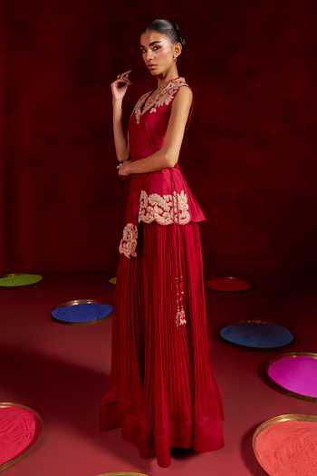 Hirika & Dhruti Red Silk, Chanderi, Chinon Mandarin Collar Embroidered Kurta And Sharara Set Online at Aza Fashions Hirika & Dhruti_Red Silk, Chanderi, Chinon Mandarin Collar Embroidered Kurta And Sharara Set _Online_at_Aza_Fashions