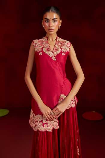 Buy Hirika & Dhruti Red Silk, Chanderi, Chinon Mandarin Collar Embroidered Kurta And Sharara Set Online at Aza Fashions Buy_Hirika & Dhruti_Red Silk, Chanderi, Chinon Mandarin Collar Embroidered Kurta And Sharara Set _Online_at_Aza_Fashions