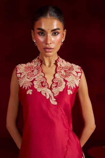 Shop Hirika & Dhruti Red Silk, Chanderi, Chinon Mandarin Collar Embroidered Kurta And Sharara Set Online at Aza Fashions Shop_Hirika & Dhruti_Red Silk, Chanderi, Chinon Mandarin Collar Embroidered Kurta And Sharara Set _Online_at_Aza_Fashions