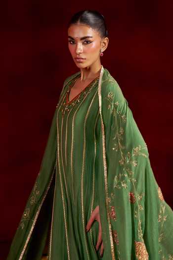 Hirika & Dhruti Green Chanderi V-neck Embroidered Anarkali And Dupatta Set Online at Aza Fashions Hirika & Dhruti_Green Chanderi V-neck Embroidered Anarkali And Dupatta Set _Online_at_Aza_Fashions