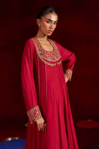 Hirika & Dhruti Red Silk, Cotton Square Neck Hand Embroidered Anarkali Sharara Set Online at Aza Fashions Hirika & Dhruti_Red Silk, Cotton Square Neck Hand Embroidered Anarkali Sharara Set _Online_at_Aza_Fashions