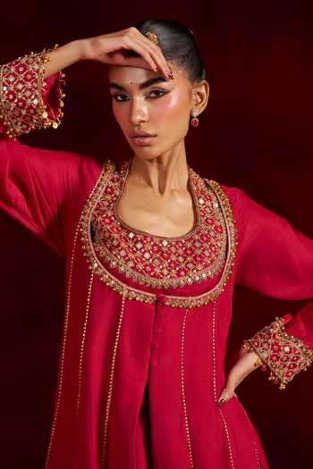 Buy Hirika & Dhruti Red Silk, Cotton Square Neck Hand Embroidered Anarkali Sharara Set Online at Aza Fashions Buy_Hirika & Dhruti_Red Silk, Cotton Square Neck Hand Embroidered Anarkali Sharara Set _Online_at_Aza_Fashions