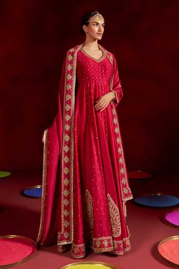 Hirika & Dhruti Red Silk, Chanderi, Organza Round Placement Embroidered Anarkali With Dupatta Online at Aza Fashions Hirika & Dhruti_Red Silk, Chanderi, Organza Round Placement Embroidered Anarkali With Dupatta _Online_at_Aza_Fashions