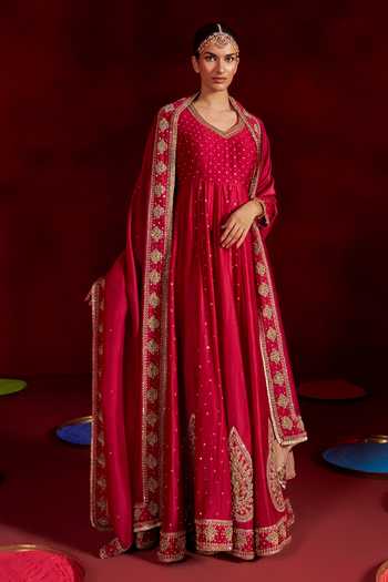 Buy Hirika & Dhruti Red Silk, Chanderi, Organza Round Placement Embroidered Anarkali With Dupatta Online at Aza Fashions Buy_Hirika & Dhruti_Red Silk, Chanderi, Organza Round Placement Embroidered Anarkali With Dupatta _Online_at_Aza_Fashions