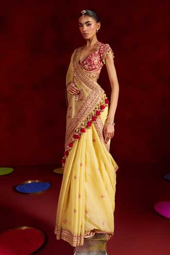 Hirika & Dhruti Yellow Chanderi, Tissue, Silk V-neck Embroidered Saree With Blouse Online at Aza Fashions Hirika & Dhruti_Yellow Chanderi, Tissue, Silk V-neck Embroidered Saree With Blouse _Online_at_Aza_Fashions