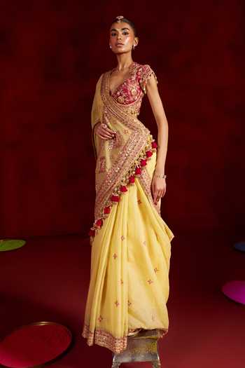 Buy Hirika & Dhruti Yellow Chanderi, Tissue, Silk V-neck Embroidered Saree With Blouse Online at Aza Fashions Buy_Hirika & Dhruti_Yellow Chanderi, Tissue, Silk V-neck Embroidered Saree With Blouse _Online_at_Aza_Fashions