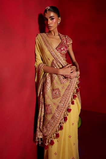Shop Hirika & Dhruti Yellow Chanderi, Tissue, Silk V-neck Embroidered Saree With Blouse Online at Aza Fashions Shop_Hirika & Dhruti_Yellow Chanderi, Tissue, Silk V-neck Embroidered Saree With Blouse _Online_at_Aza_Fashions