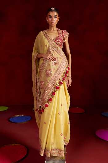 Hirika & Dhruti Yellow Chanderi, Tissue, Silk V-neck Embroidered Saree With Blouse at Aza Fashions Hirika & Dhruti_Yellow Chanderi, Tissue, Silk V-neck Embroidered Saree With Blouse _at_Aza_Fashions
