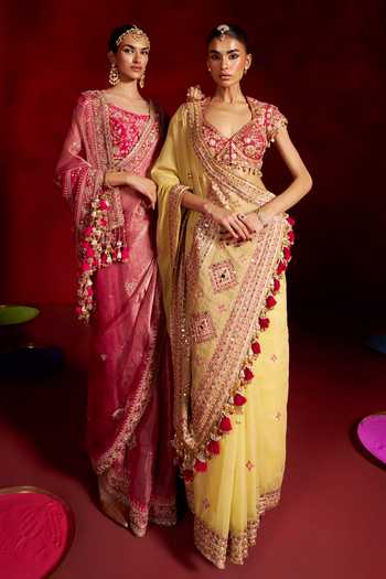 Buy Hirika & Dhruti Yellow Chanderi, Tissue, Silk V-neck Embroidered Saree With Blouse Buy_Hirika & Dhruti_Yellow Chanderi, Tissue, Silk V-neck Embroidered Saree With Blouse