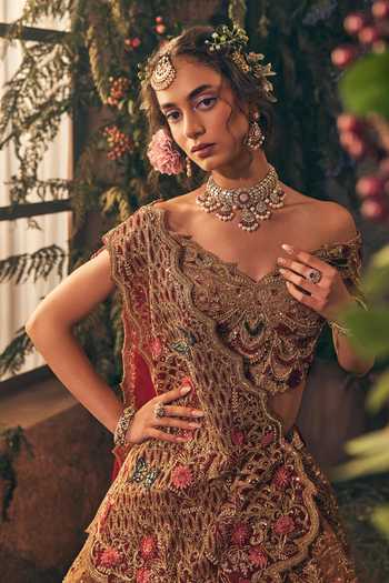 Buy_Label Ankush Jain_Gold Organza Off-shoulder Bridal Frame Lehenga Set _Online_at_Aza_Fashions