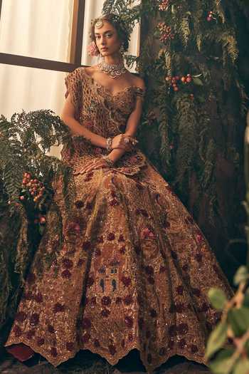 Shop_Label Ankush Jain_Gold Organza Off-shoulder Bridal Frame Lehenga Set _Online_at_Aza_Fashions