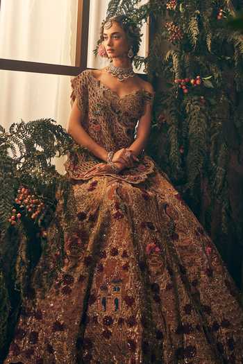 Label Ankush Jain Golden Bridal Frame Lehenga Set 