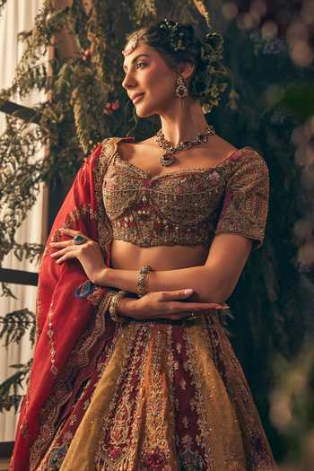 Label Ankush Jain_Multi Color Tissue Sweetheart Neck Mughal Pattern Embroidered Lehenga Set _Online_at_Aza_Fashions