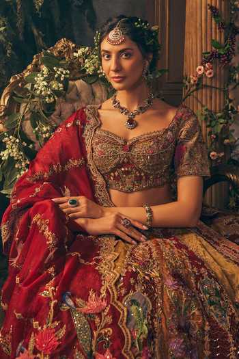 Shop_Label Ankush Jain_Multi Color Tissue Sweetheart Neck Mughal Pattern Embroidered Lehenga Set _Online_at_Aza_Fashions