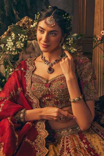Label Ankush Jain_Multi Color Tissue Sweetheart Neck Mughal Pattern Embroidered Lehenga Set _at_Aza_Fashions