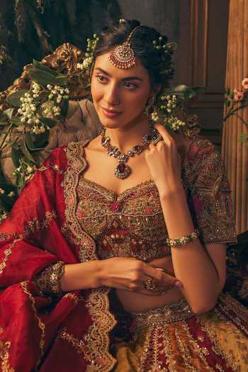 Buy_Label Ankush Jain_Multi Color Tissue Sweetheart Neck Mughal Pattern Embroidered Lehenga Set 