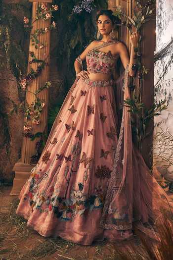 Buy Label Ankush Jain Pink Net, Tissue Sweetheart Neck Effile Tower Story Embroidered Lehenga Set Buy_Label Ankush Jain_Pink Net, Tissue Sweetheart Neck Effile Tower Story Embroidered Lehenga Set