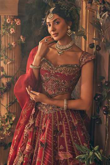 Label Ankush Jain Red Organza Sweetheart Neck Story Telling Embroidered Bridal Lehenga Set Online at Aza Fashions Label Ankush Jain_Red Organza Sweetheart Neck Story Telling Embroidered Bridal Lehenga Set _Online_at_Aza_Fashions