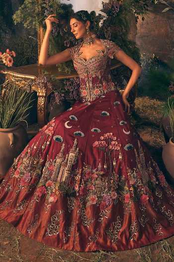 Label Ankush Jain_Wine Organza Sweetheart Neck Moon Cloud Story Embroidered Lehenga Set _Online_at_Aza_Fashions