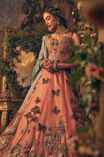 Label Ankush Jain Pink Organza, Tissue Sweetheart Middle Story Telling Embroidered Lehenga Set Online at Aza Fashions Label Ankush Jain_Pink Organza, Tissue Sweetheart Middle Story Telling Embroidered Lehenga Set _Online_at_Aza_Fashions