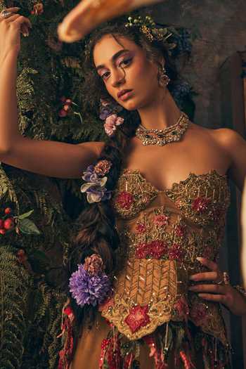Buy_Label Ankush Jain_Gold Organza, Satin Sweetheart Neck Structured Top And Skirt Set _Online_at_Aza_Fashions