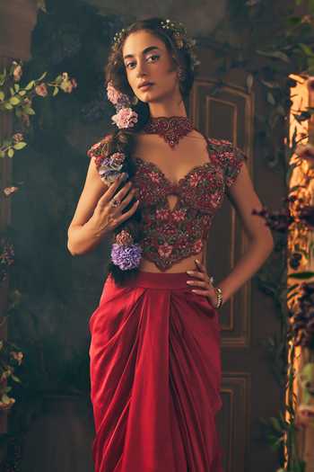Label Ankush Jain Red Organza, Satin Sweetheart Neck Sarong Skirt Set With Choker Dupatta Online at Aza Fashions Label Ankush Jain_Red Organza, Satin Sweetheart Neck Sarong Skirt Set With Choker Dupatta _Online_at_Aza_Fashions