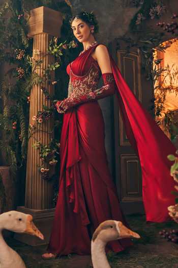 Label Ankush Jain_Red Organza, Satin Sweetheart Neck Pre-draped Saree Set With Corset Belt _Online_at_Aza_Fashions