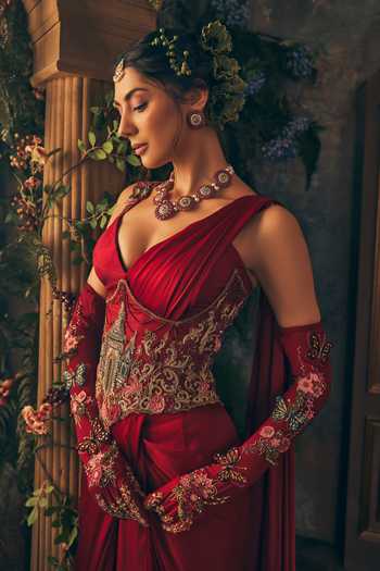 Buy_Label Ankush Jain_Red Organza, Satin Sweetheart Neck Pre-draped Saree Set With Corset Belt _Online_at_Aza_Fashions