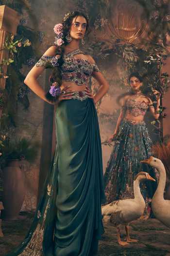 Label Ankush Jain Green Organza, Satin Teal Blue Story Telling Blouse Skirt Set Online at Aza Fashions Label Ankush Jain_Green Organza, Satin Teal Blue Story Telling Blouse Skirt Set _Online_at_Aza_Fashions